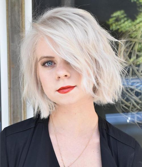 White Tousled Bob for a Round Face
