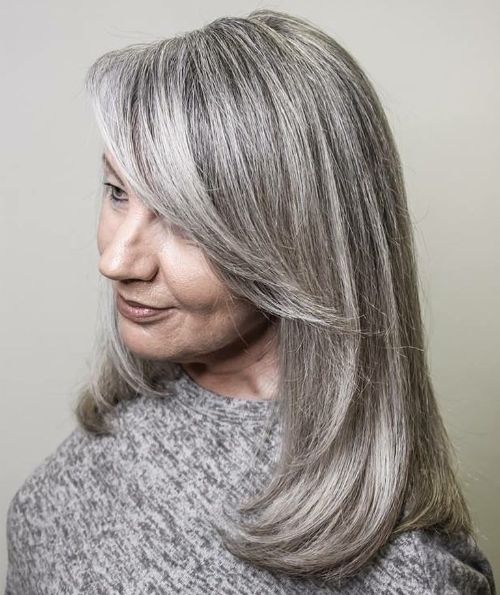 Over 50 Shoulder-Length Gray Hair with Long Bangs
